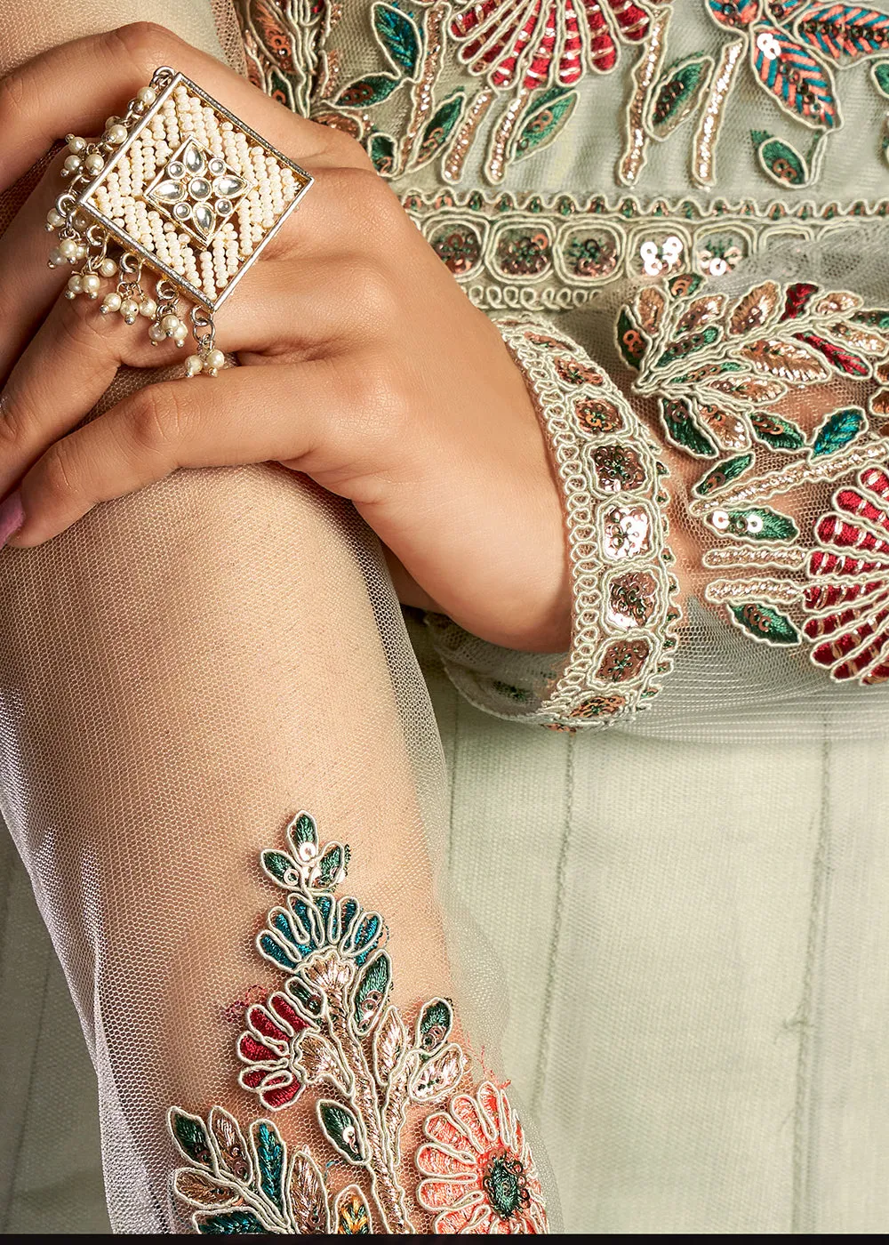 Mint Green Sparkly Net Embroidered Designer Anarkali Suit