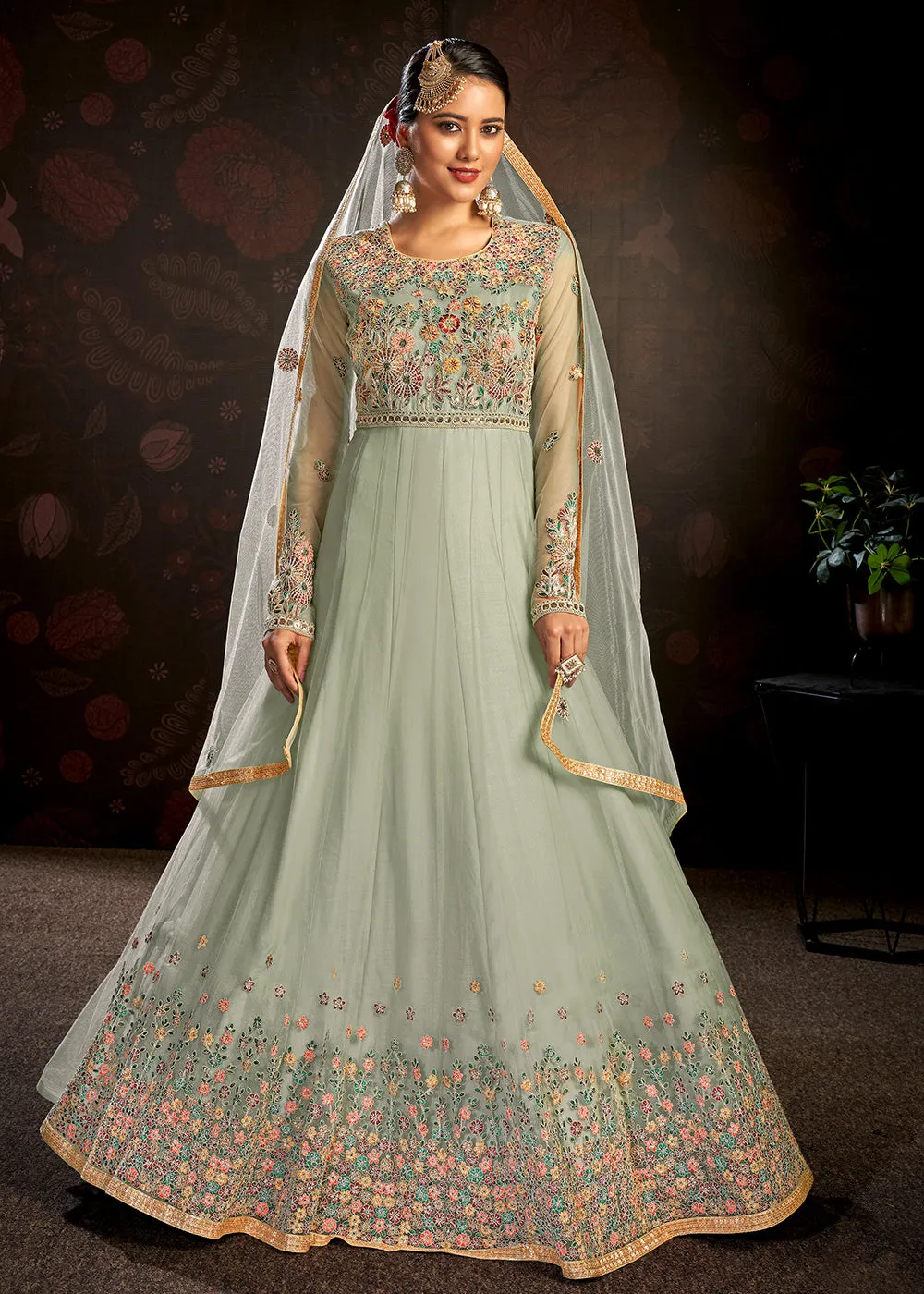 Mint Green Sparkly Net Embroidered Designer Anarkali Suit