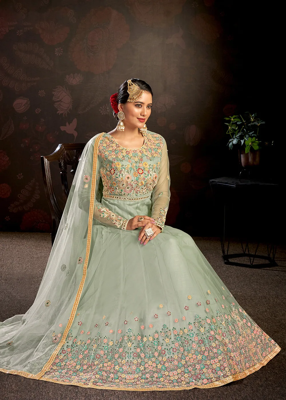 Mint Green Sparkly Net Embroidered Designer Anarkali Suit