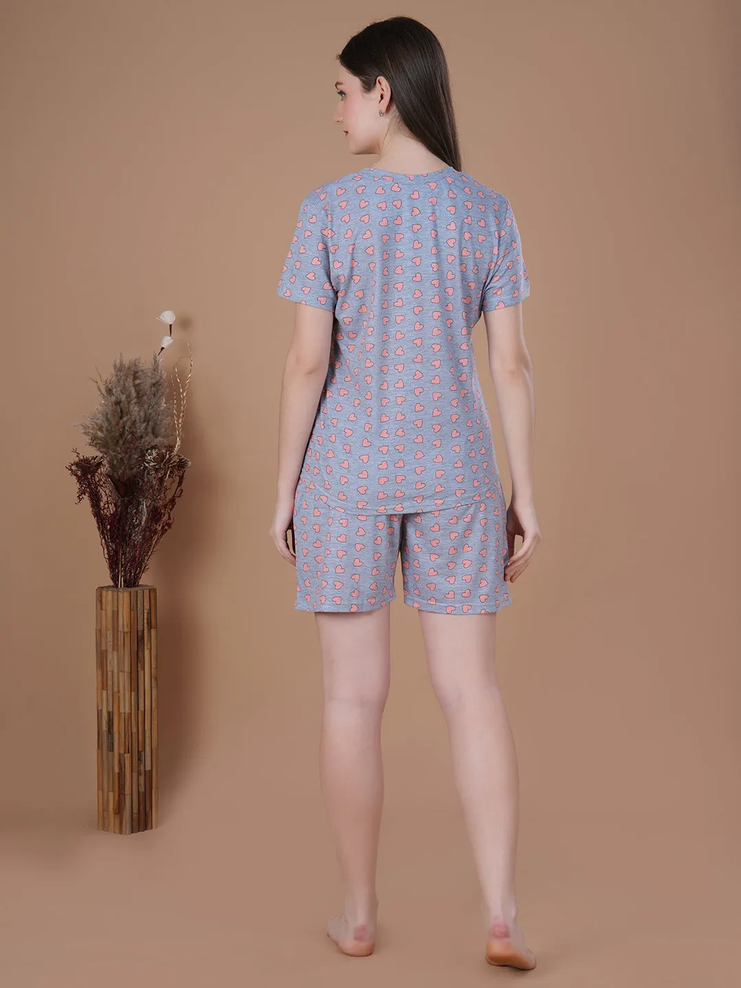 Overall heart Print Short Set