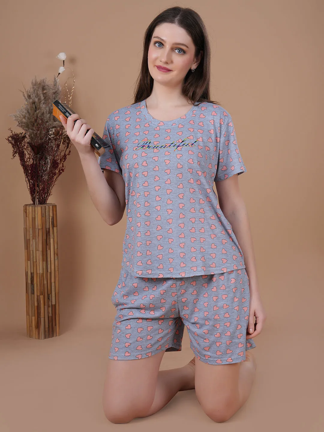Overall heart Print Short Set
