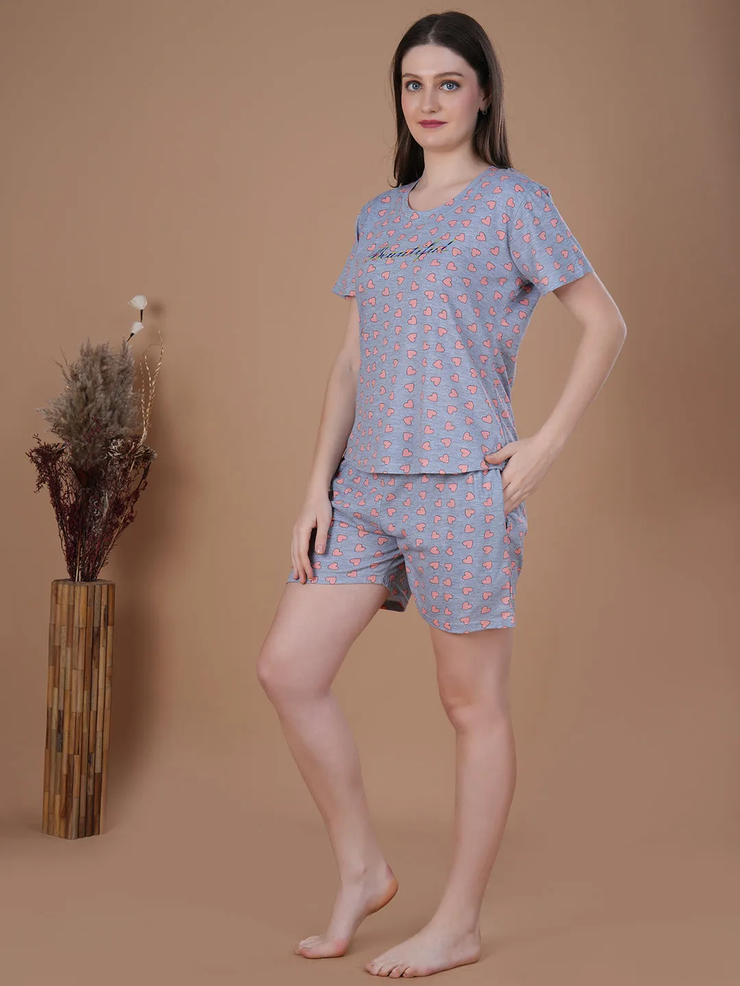 Overall heart Print Short Set