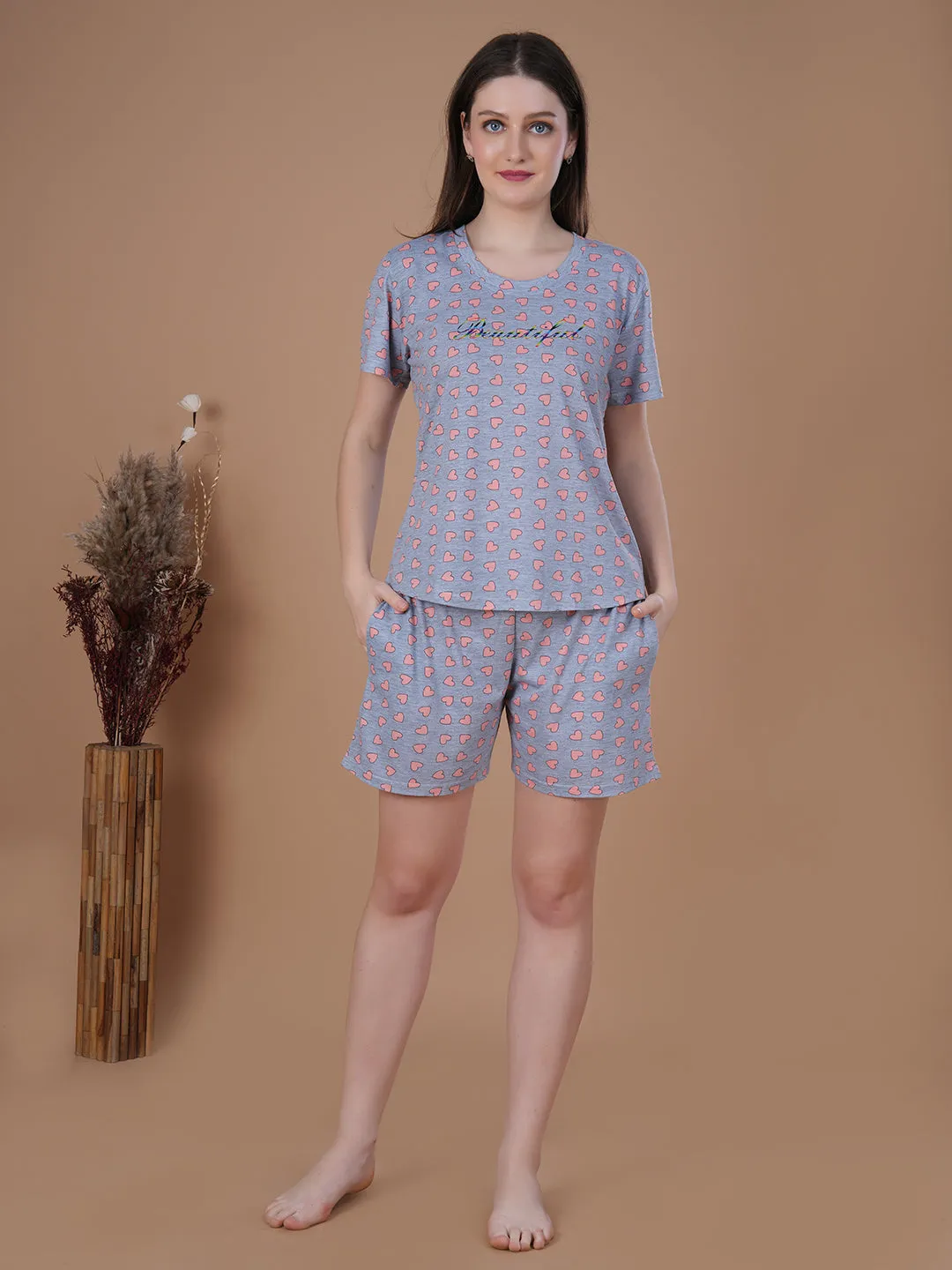Overall heart Print Short Set