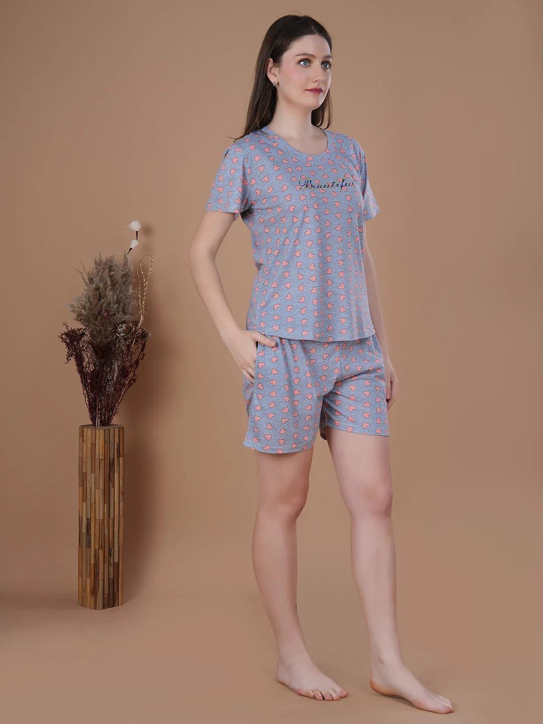 Overall heart Print Short Set