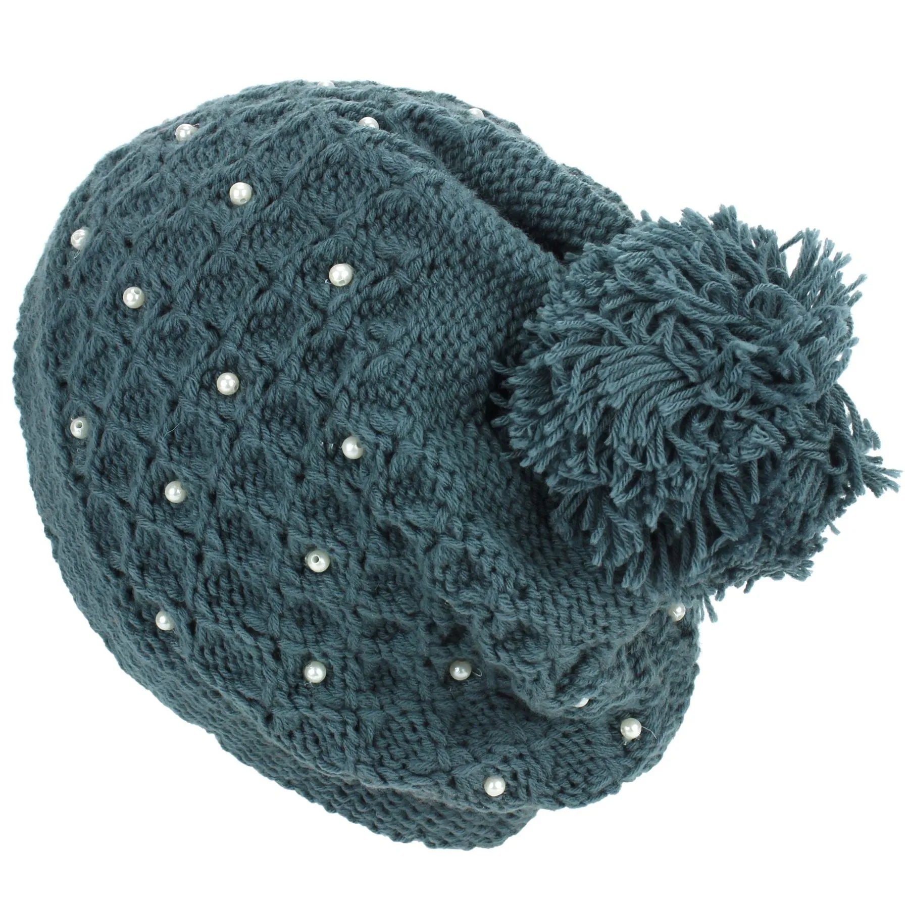 Pearl Lattice Bobble Beanie Hat - Green