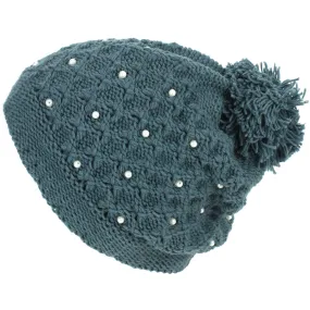 Pearl Lattice Bobble Beanie Hat - Green
