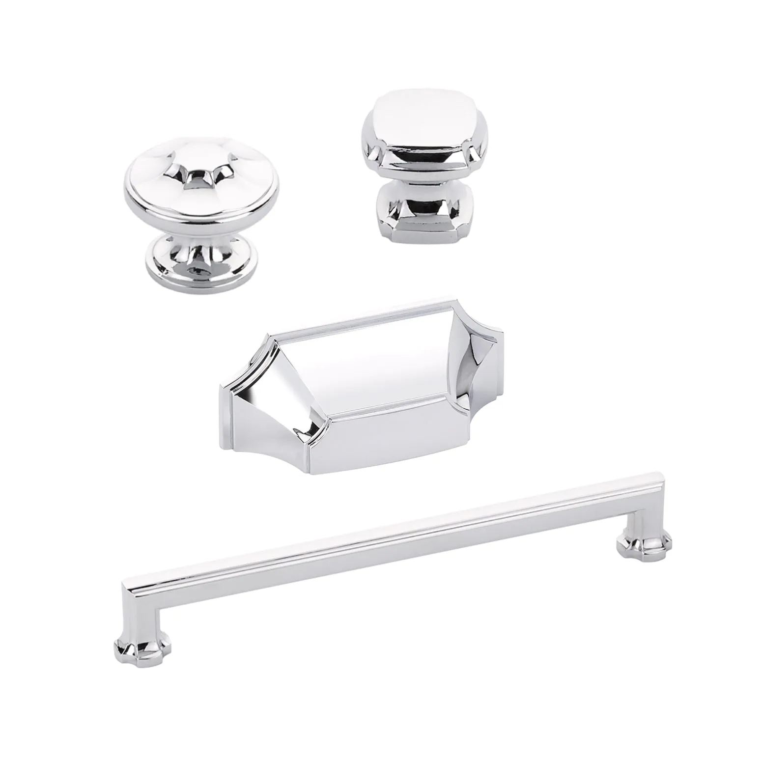Polished Chrome "Regal" Cabinet Knobs and Drawer Pulls