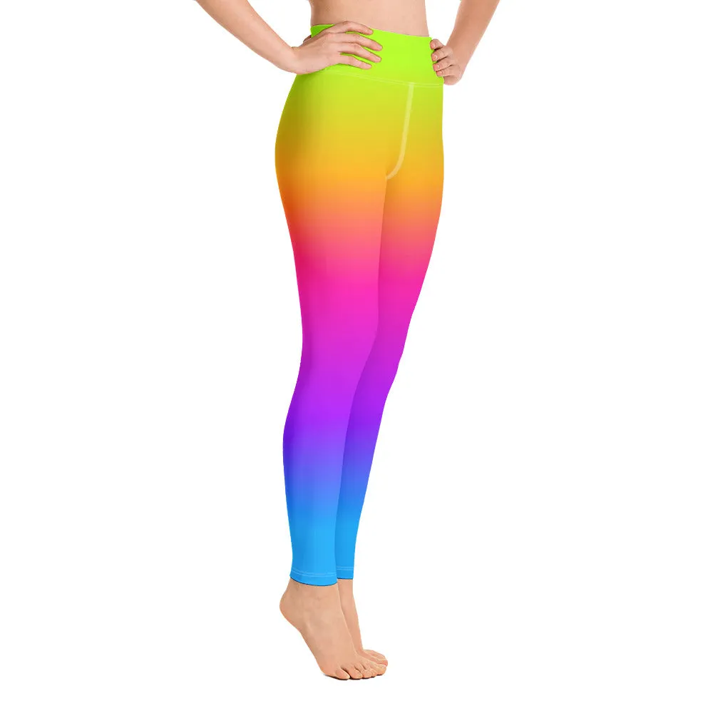 Rainbow Yoga Leggings Women, Tie Dye Gradient Ombre High Waisted Pants Pockets Cute Printed Workout Running Gym Designer Tights