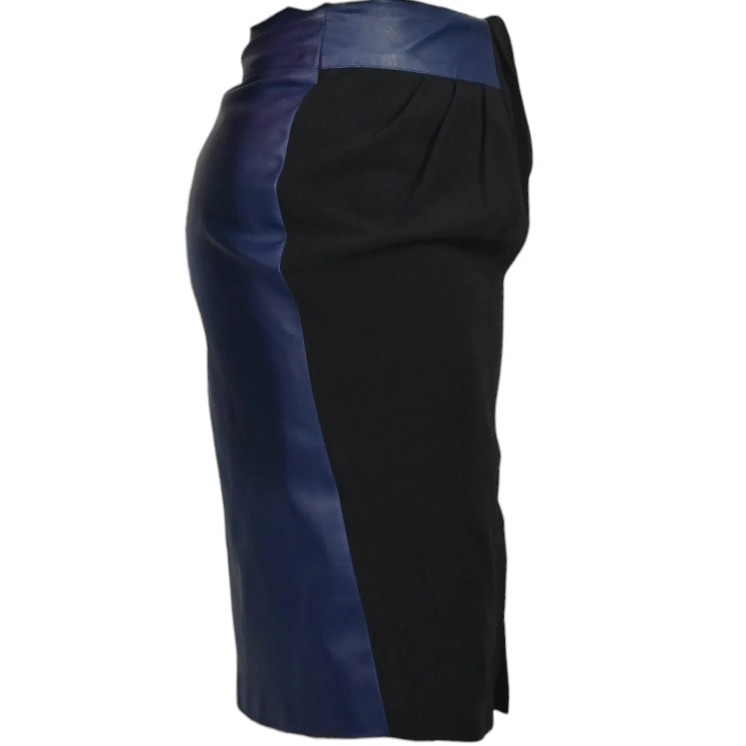 Raoul Two Tone Skirt Blue Leather Black Crepe Pencil High Waist Pleated Slit Small
