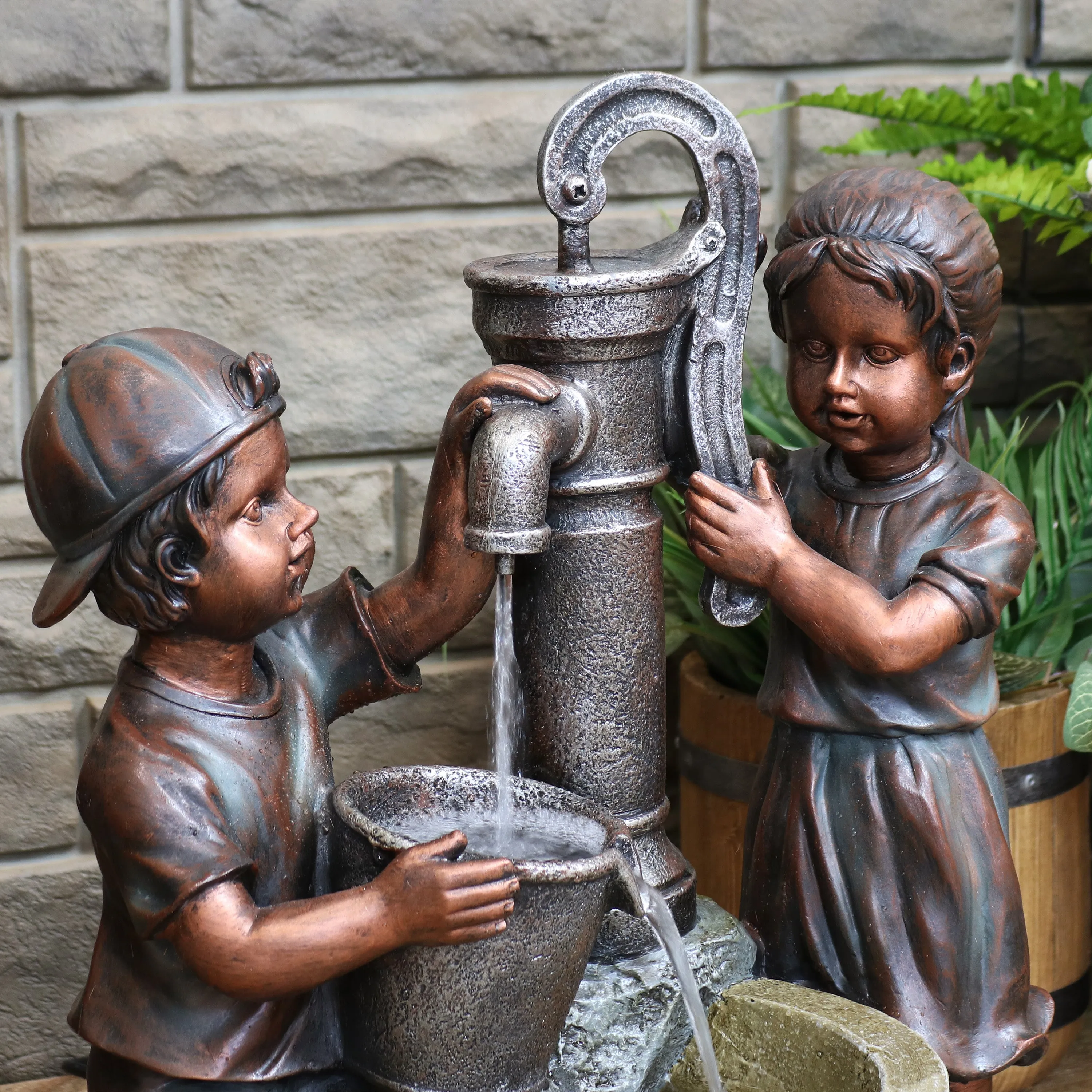 Sunnydaze Jack and Jill at Farmhouse Pump and Well Outdoor Fountain - 24"