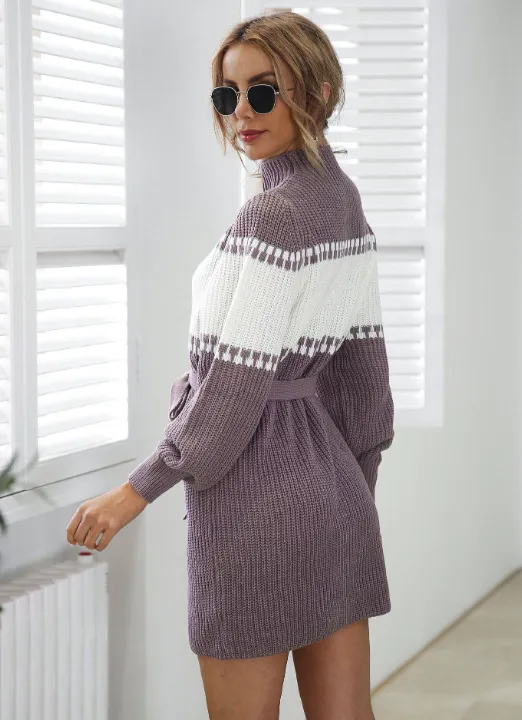 TastyHottie - Knitted semi-turtleneck lantern sleeve color matching sweater skirt