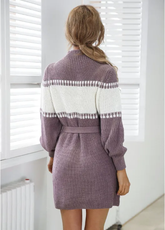 TastyHottie - Knitted semi-turtleneck lantern sleeve color matching sweater skirt
