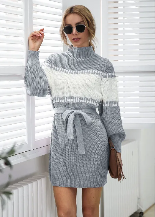 TastyHottie - Knitted semi-turtleneck lantern sleeve color matching sweater skirt