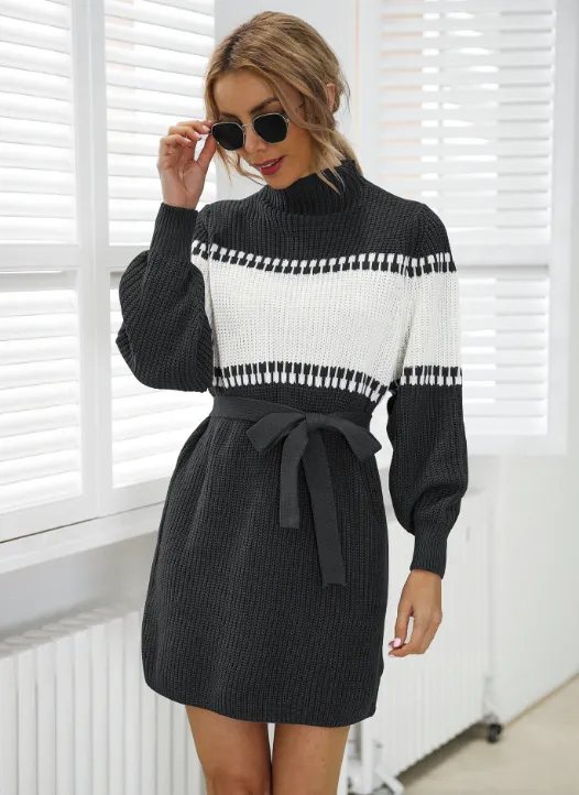 TastyHottie - Knitted semi-turtleneck lantern sleeve color matching sweater skirt