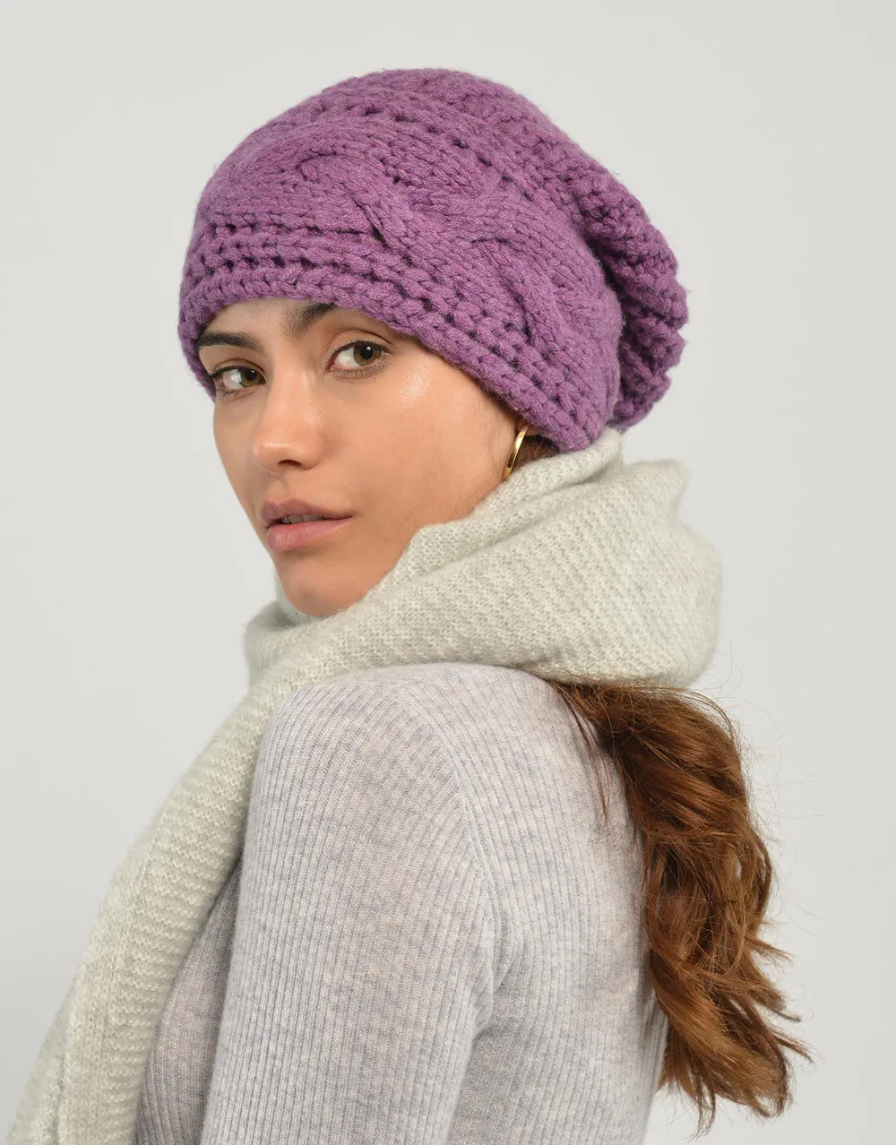 Thick Cable Hem Beanie in Rosebud
