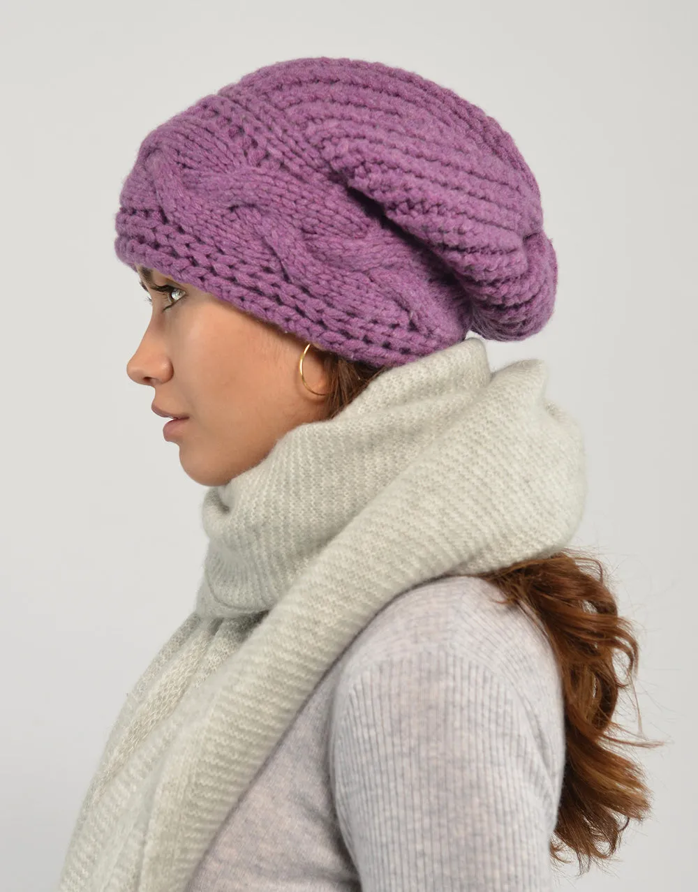 Thick Cable Hem Beanie in Rosebud