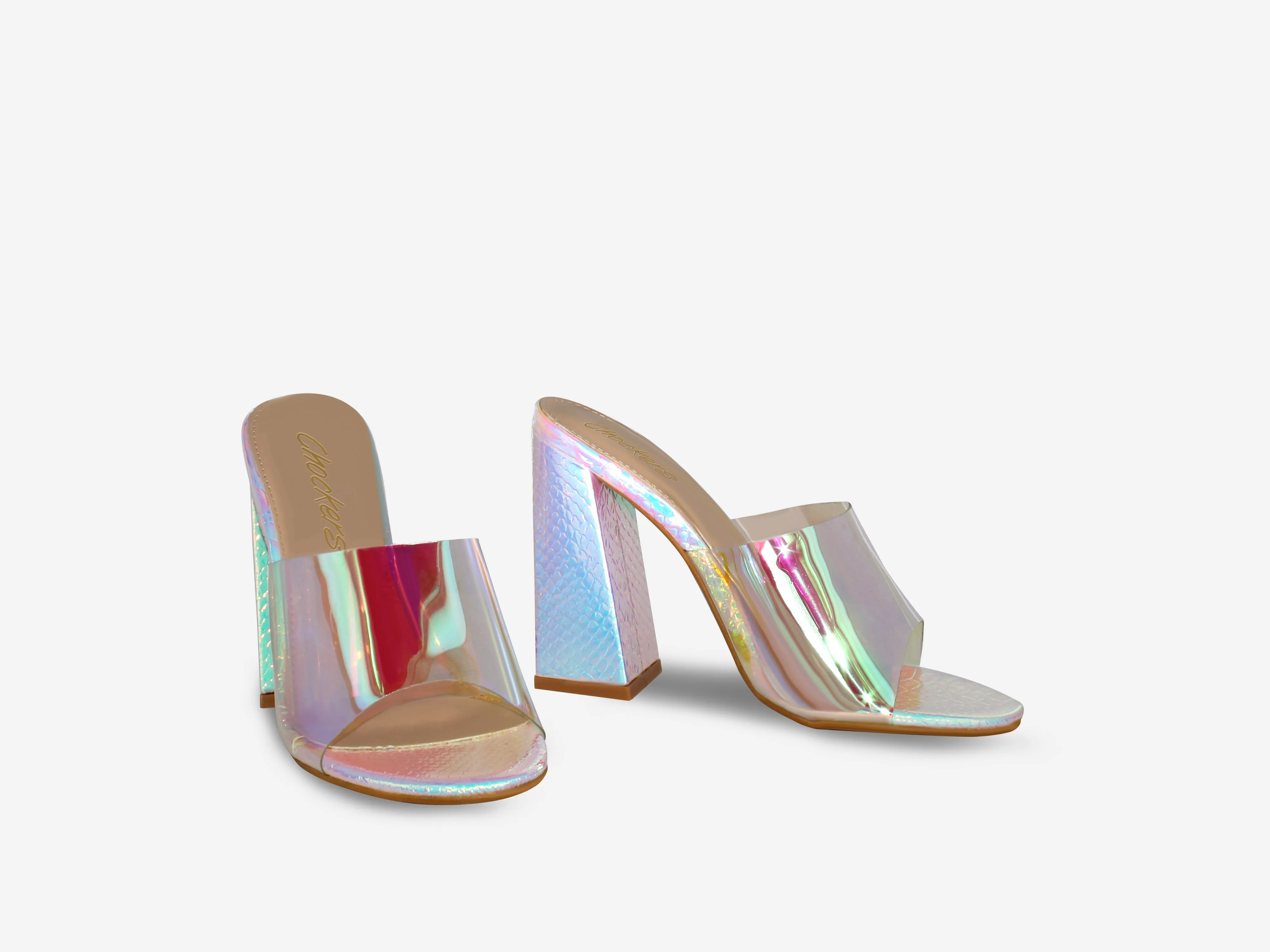 Tiffany – Iridescent Snake Print Perspex Mule Block Heel