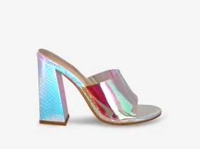 Tiffany – Iridescent Snake Print Perspex Mule Block Heel