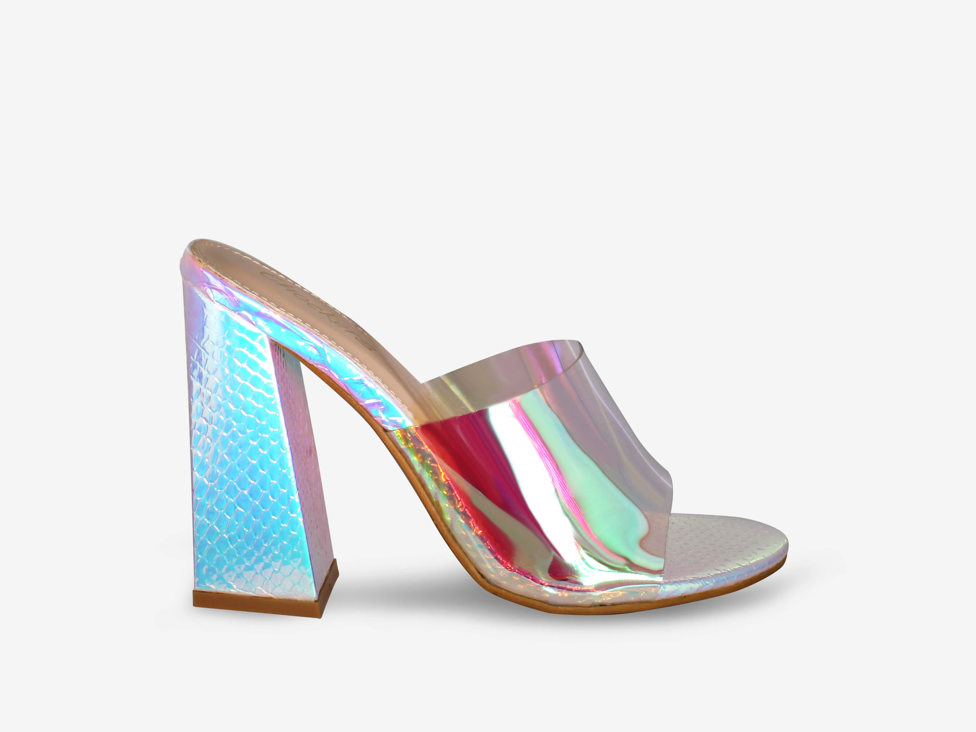 Tiffany – Iridescent Snake Print Perspex Mule Block Heel
