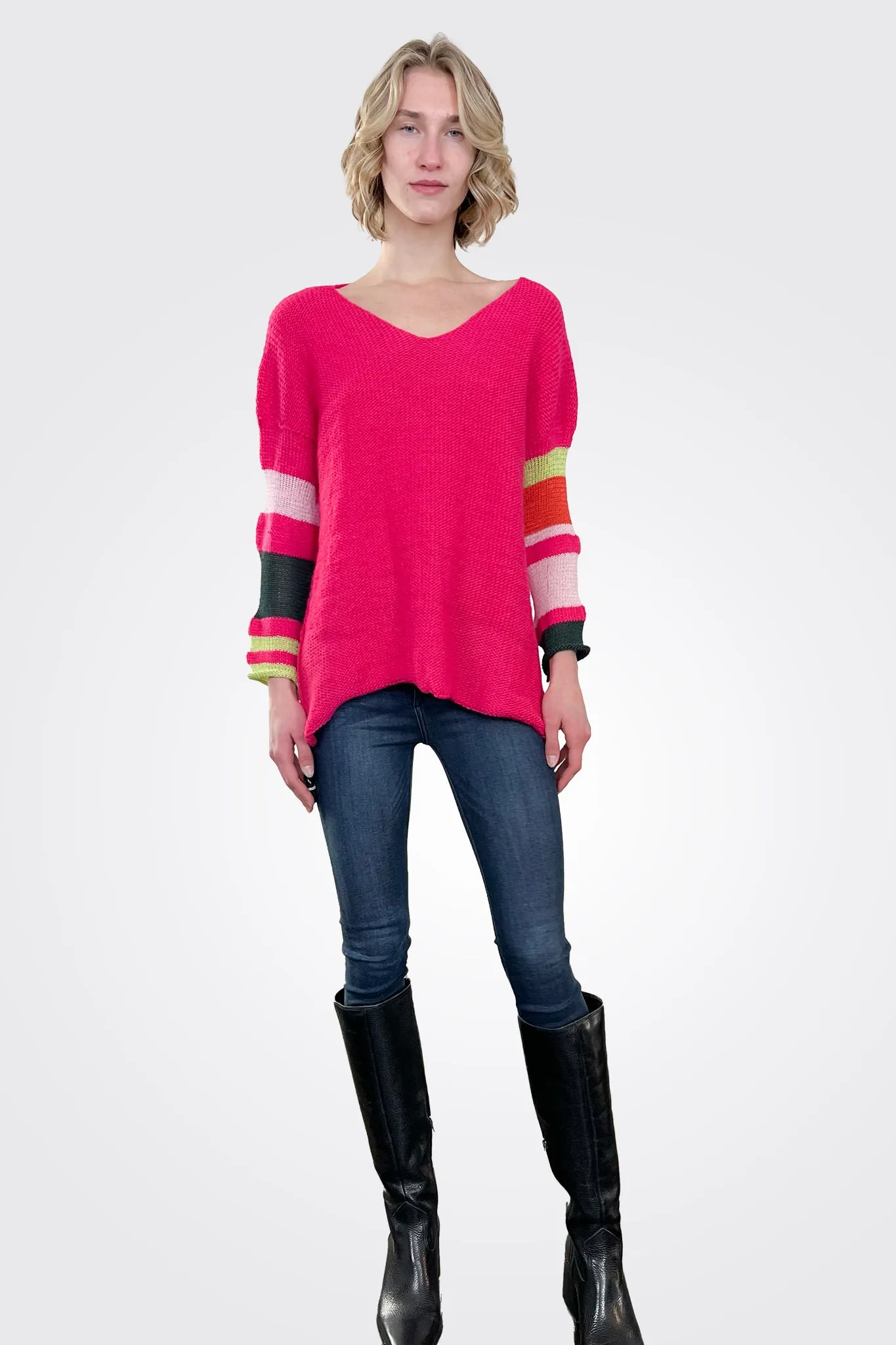 Vatmo V Neck Pullover - Hot Pink