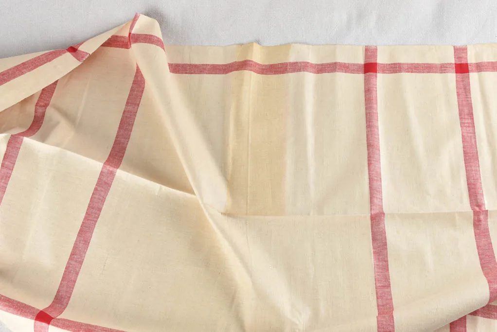 Very large antique French linen fabric with broad red stripe - never used  204"