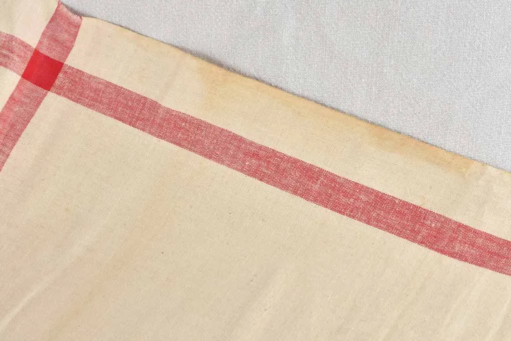 Very large antique French linen fabric with broad red stripe - never used  204"
