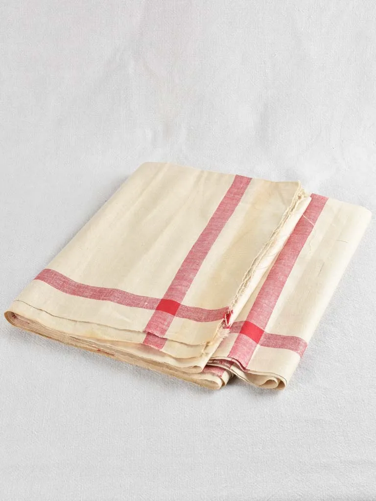 Very large antique French linen fabric with broad red stripe - never used  204"