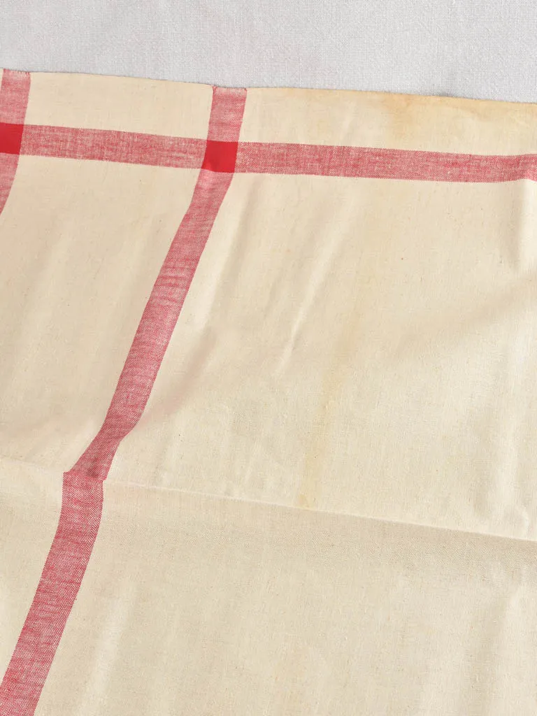 Very large antique French linen fabric with broad red stripe - never used  204"