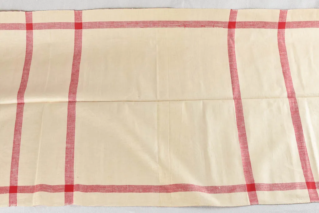 Very large antique French linen fabric with broad red stripe - never used  204"
