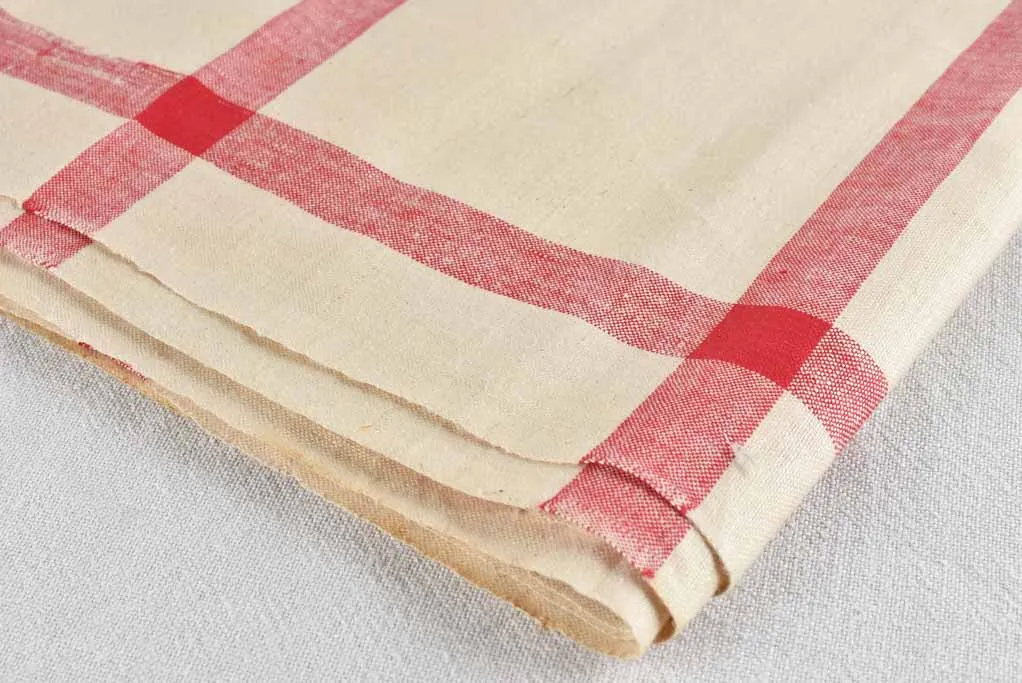 Very large antique French linen fabric with broad red stripe - never used  204"