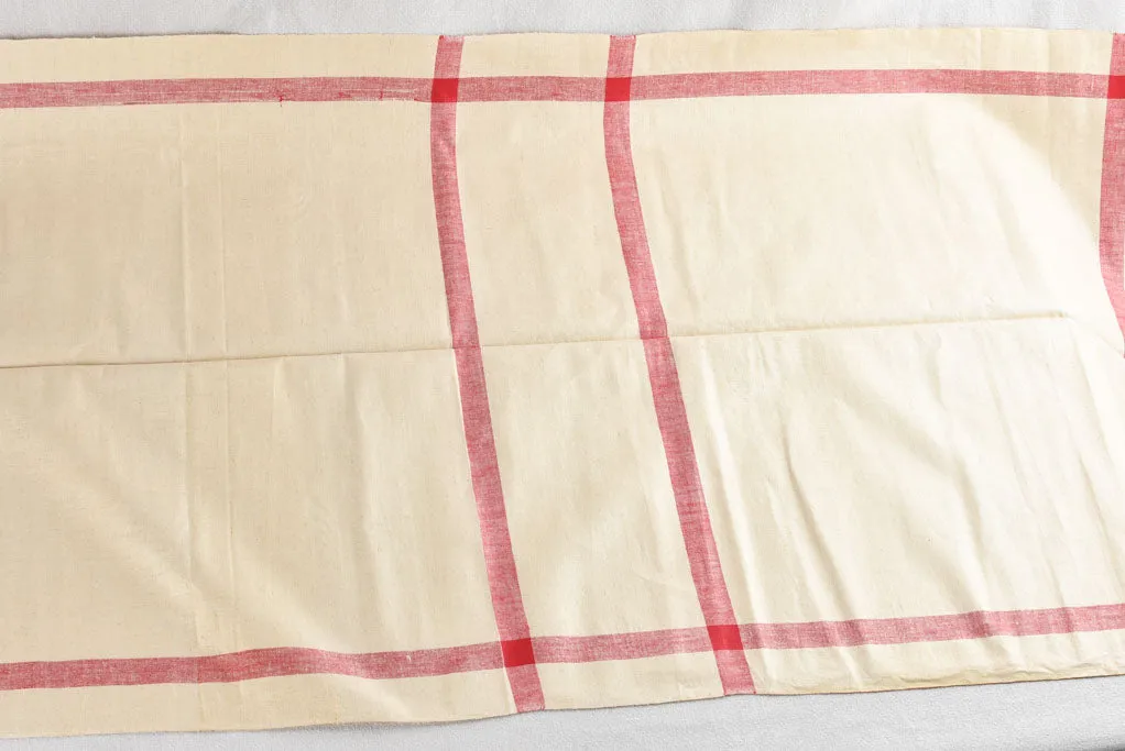 Very large antique French linen fabric with broad red stripe - never used  204"
