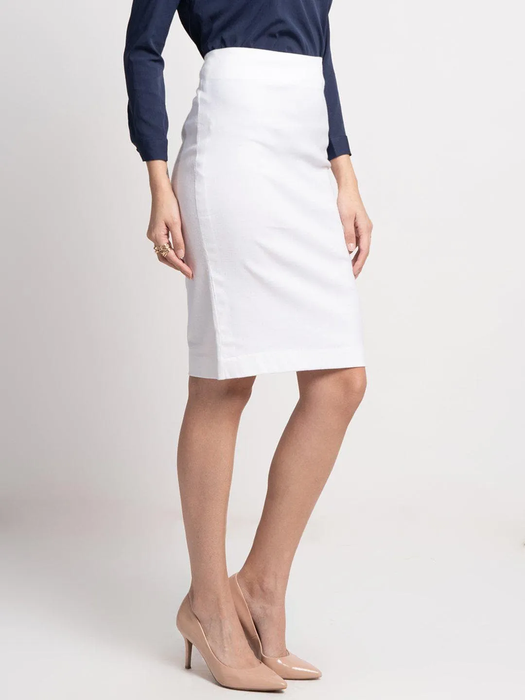 White Cotton Stretch Pencil Skirt