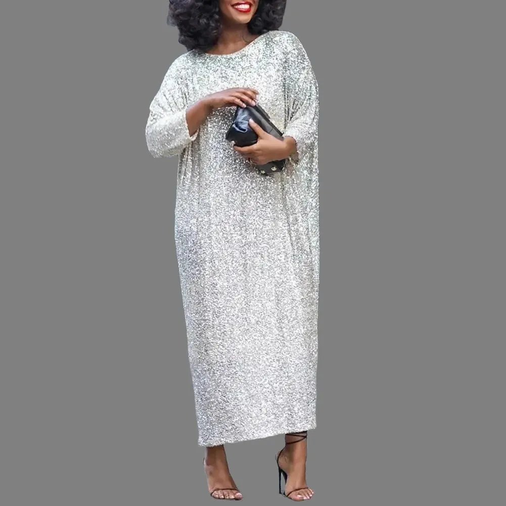 Women Dress Oversized O Neck Shiny Sequin Three Quarter Sleeve Ankle Length