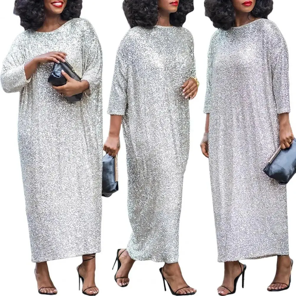 Women Dress Oversized O Neck Shiny Sequin Three Quarter Sleeve Ankle Length