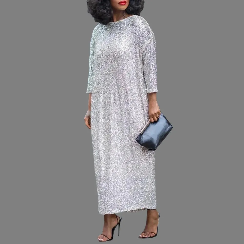 Women Dress Oversized O Neck Shiny Sequin Three Quarter Sleeve Ankle Length