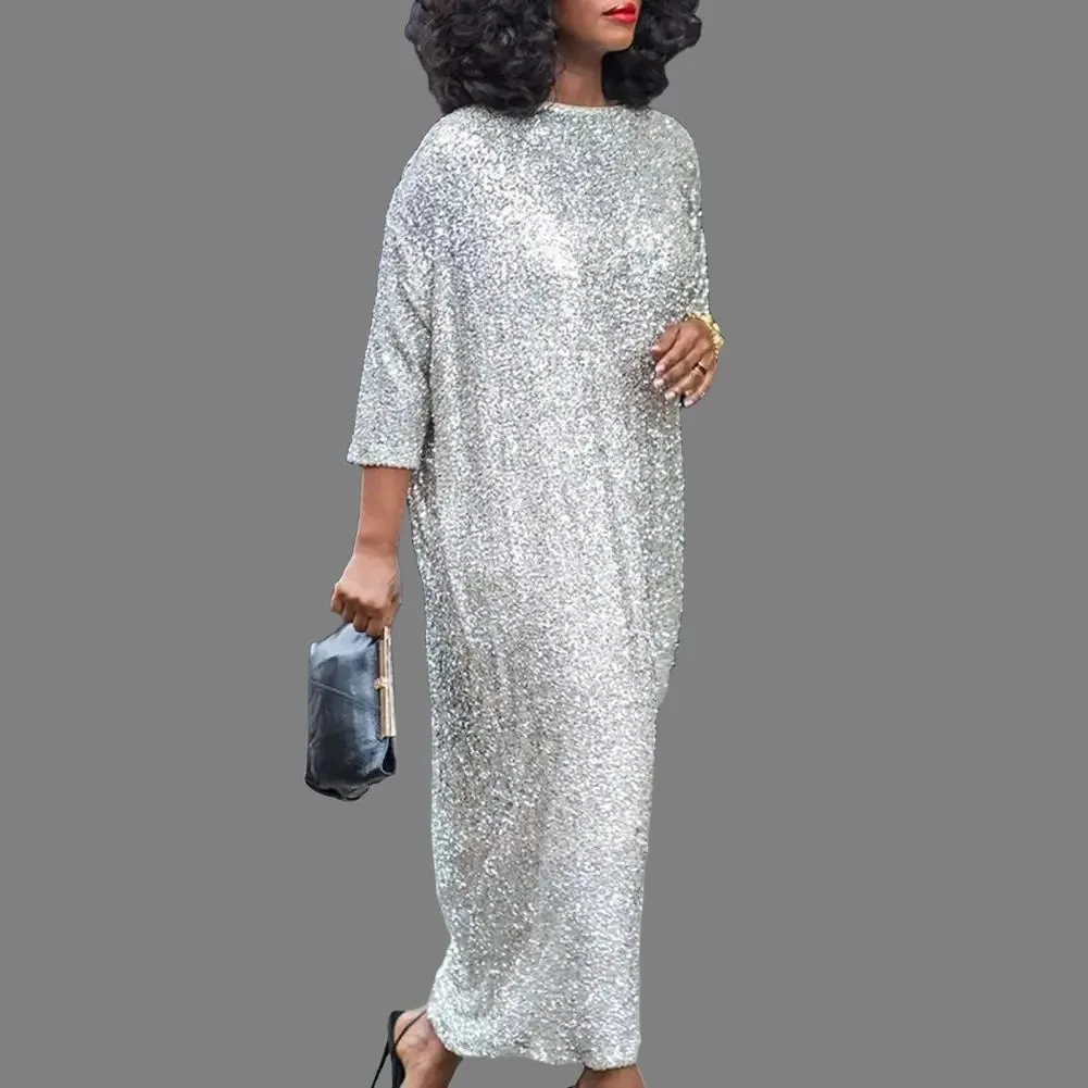 Women Dress Oversized O Neck Shiny Sequin Three Quarter Sleeve Ankle Length
