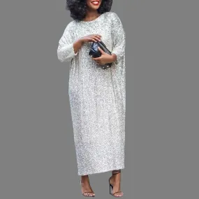 Women Dress Oversized O Neck Shiny Sequin Three Quarter Sleeve Ankle Length