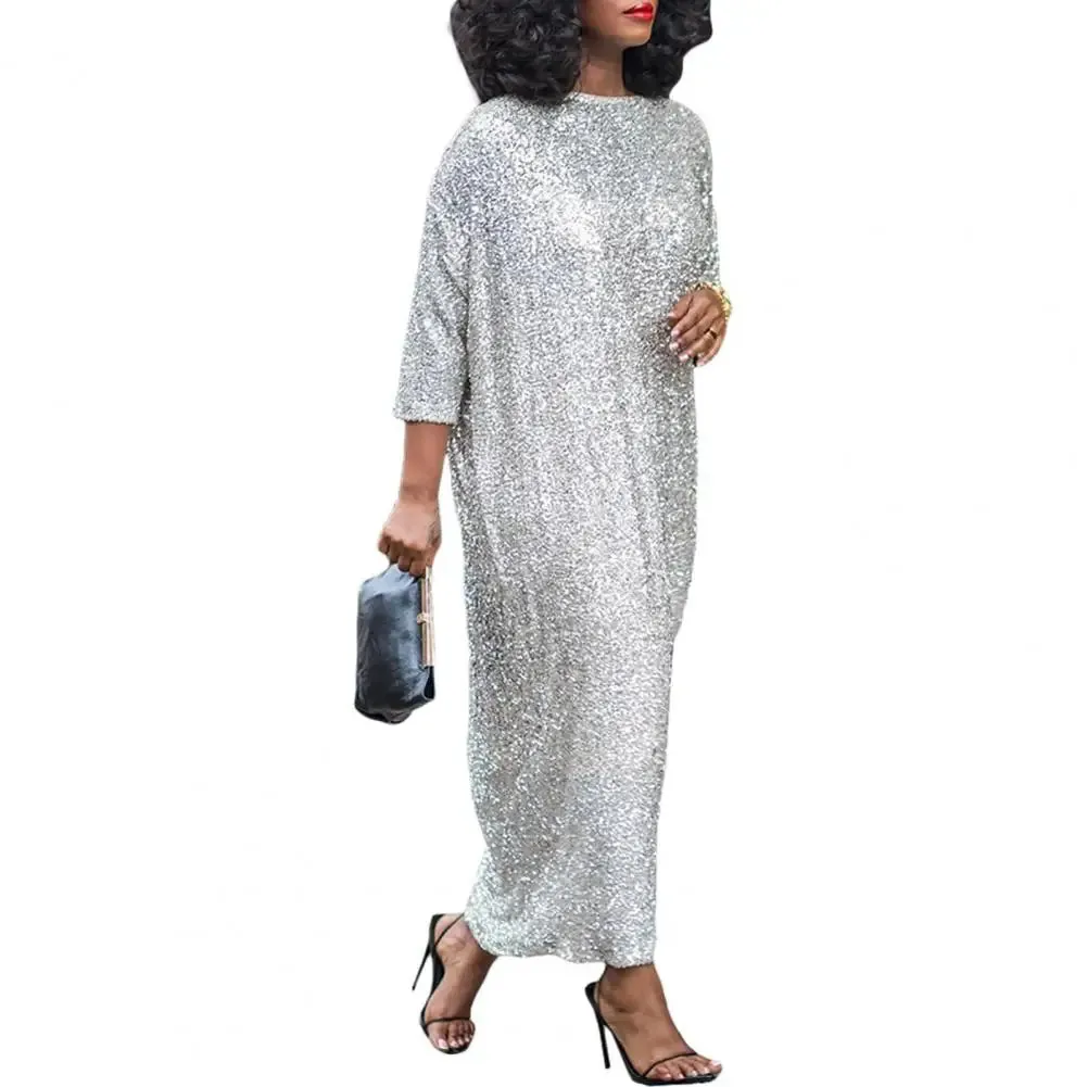 Women Dress Oversized O Neck Shiny Sequin Three Quarter Sleeve Ankle Length