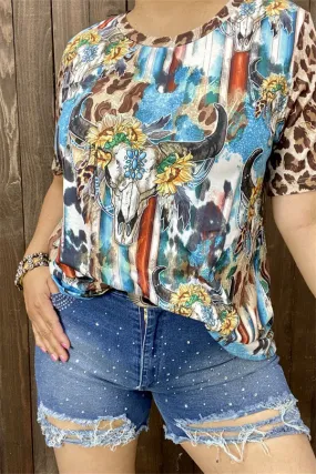 XCH12468 Bull skull & sunflower multi color printed leopard short sleeve women tops
