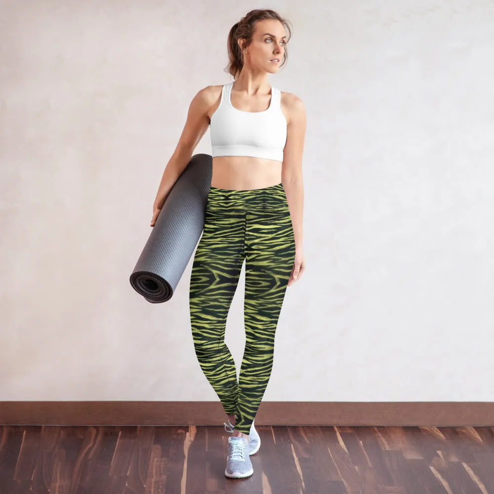Yellow Tiger Striped Yoga Leggings, Black Tiger Stripes Animal Print Women's Long Yoga Pants