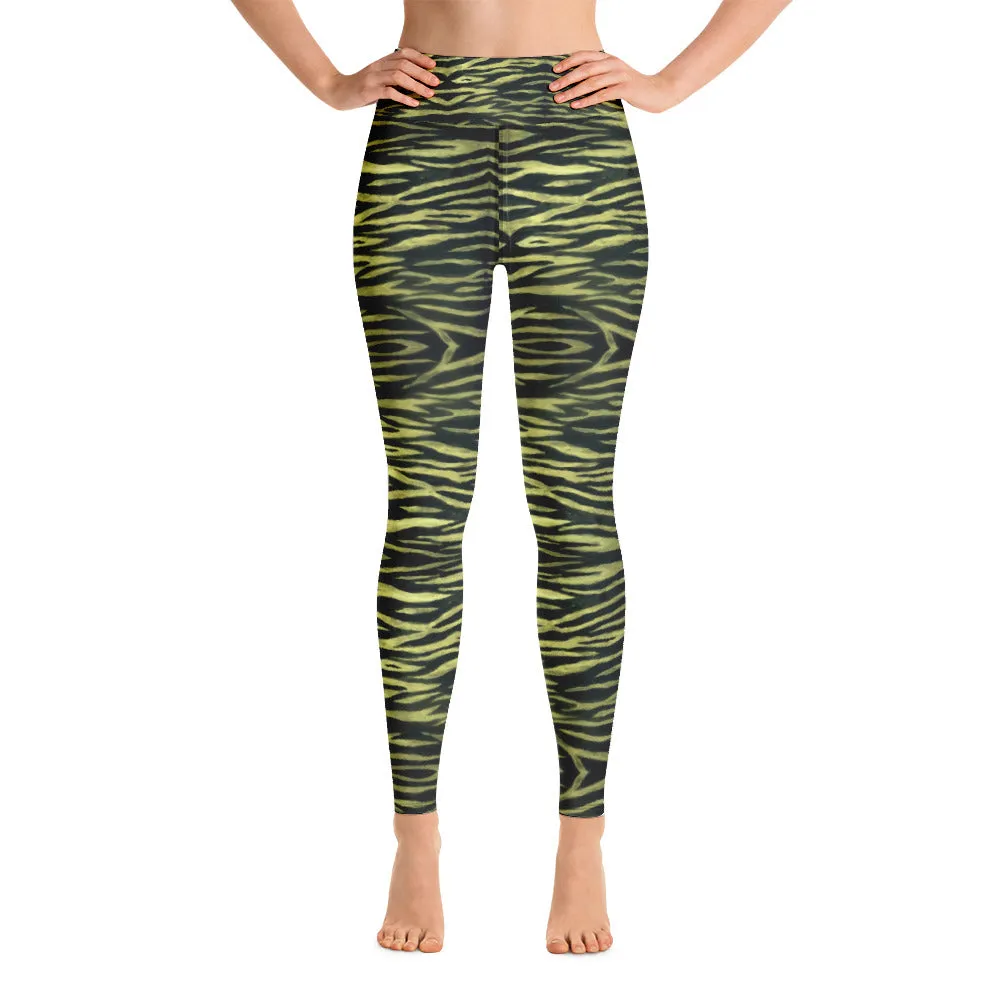 Yellow Tiger Striped Yoga Leggings, Black Tiger Stripes Animal Print Women's Long Yoga Pants