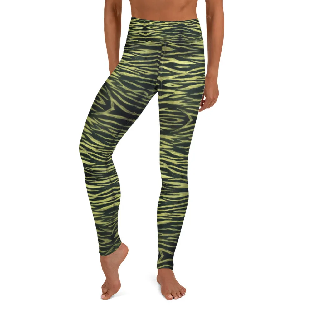 Yellow Tiger Striped Yoga Leggings, Black Tiger Stripes Animal Print Women's Long Yoga Pants