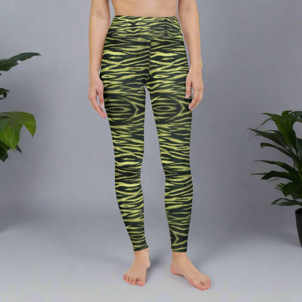 Yellow Tiger Striped Yoga Leggings, Black Tiger Stripes Animal Print Women's Long Yoga Pants