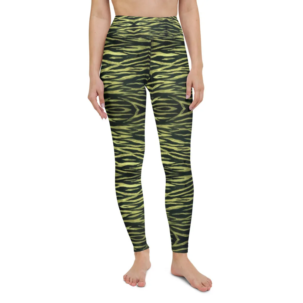 Yellow Tiger Striped Yoga Leggings, Black Tiger Stripes Animal Print Women's Long Yoga Pants