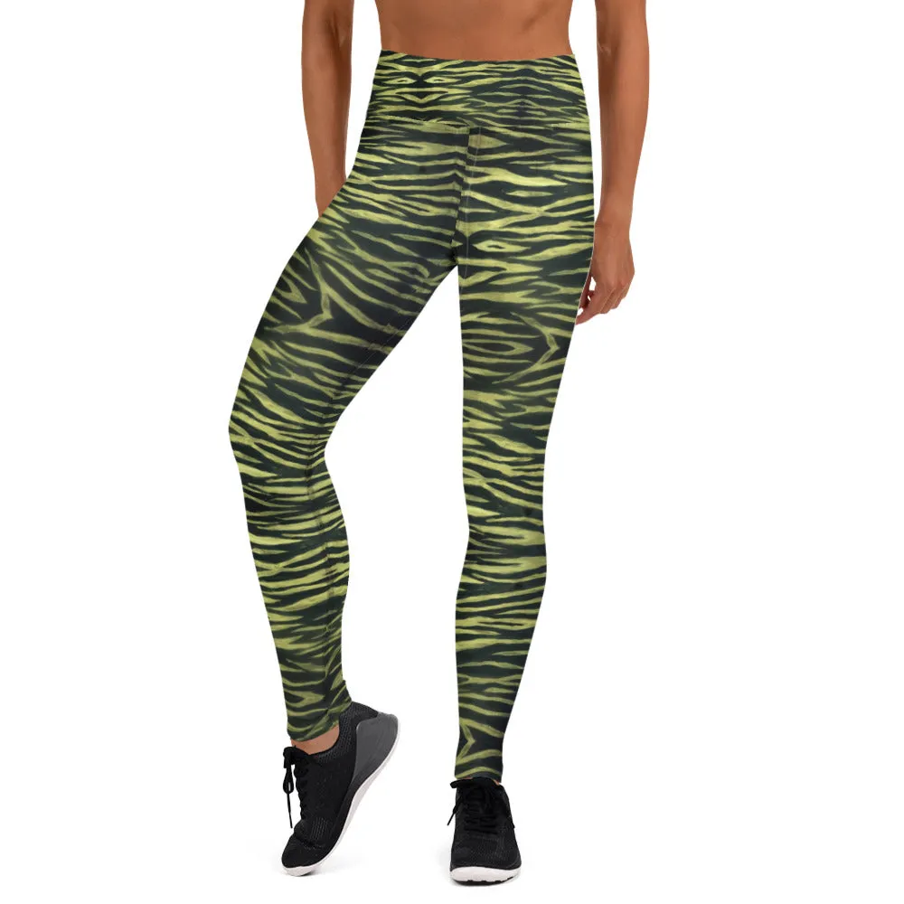 Yellow Tiger Striped Yoga Leggings, Black Tiger Stripes Animal Print Women's Long Yoga Pants