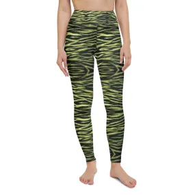 Yellow Tiger Striped Yoga Leggings, Black Tiger Stripes Animal Print Women's Long Yoga Pants