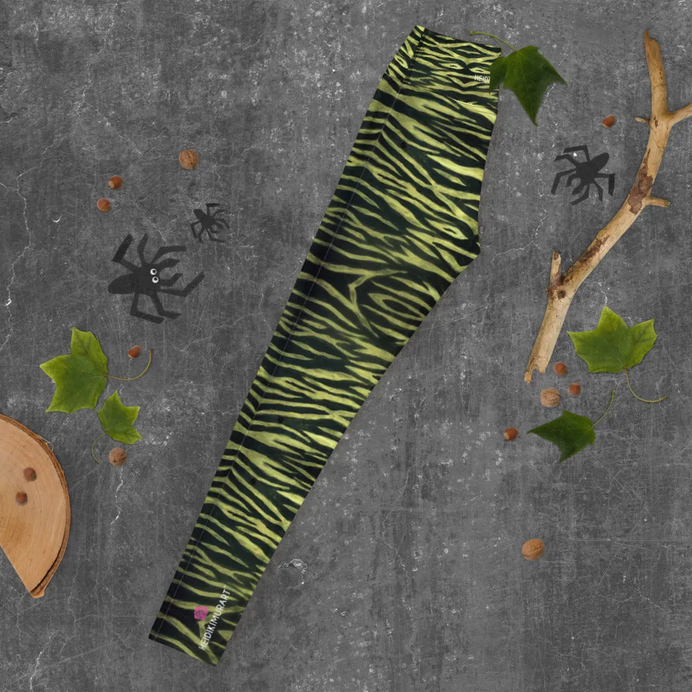 Yellow Tiger Striped Yoga Leggings, Black Tiger Stripes Animal Print Women's Long Yoga Pants