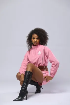 Zipp Crop Windbreaker Polyester Tracksuit 3 Piece Set - Pink